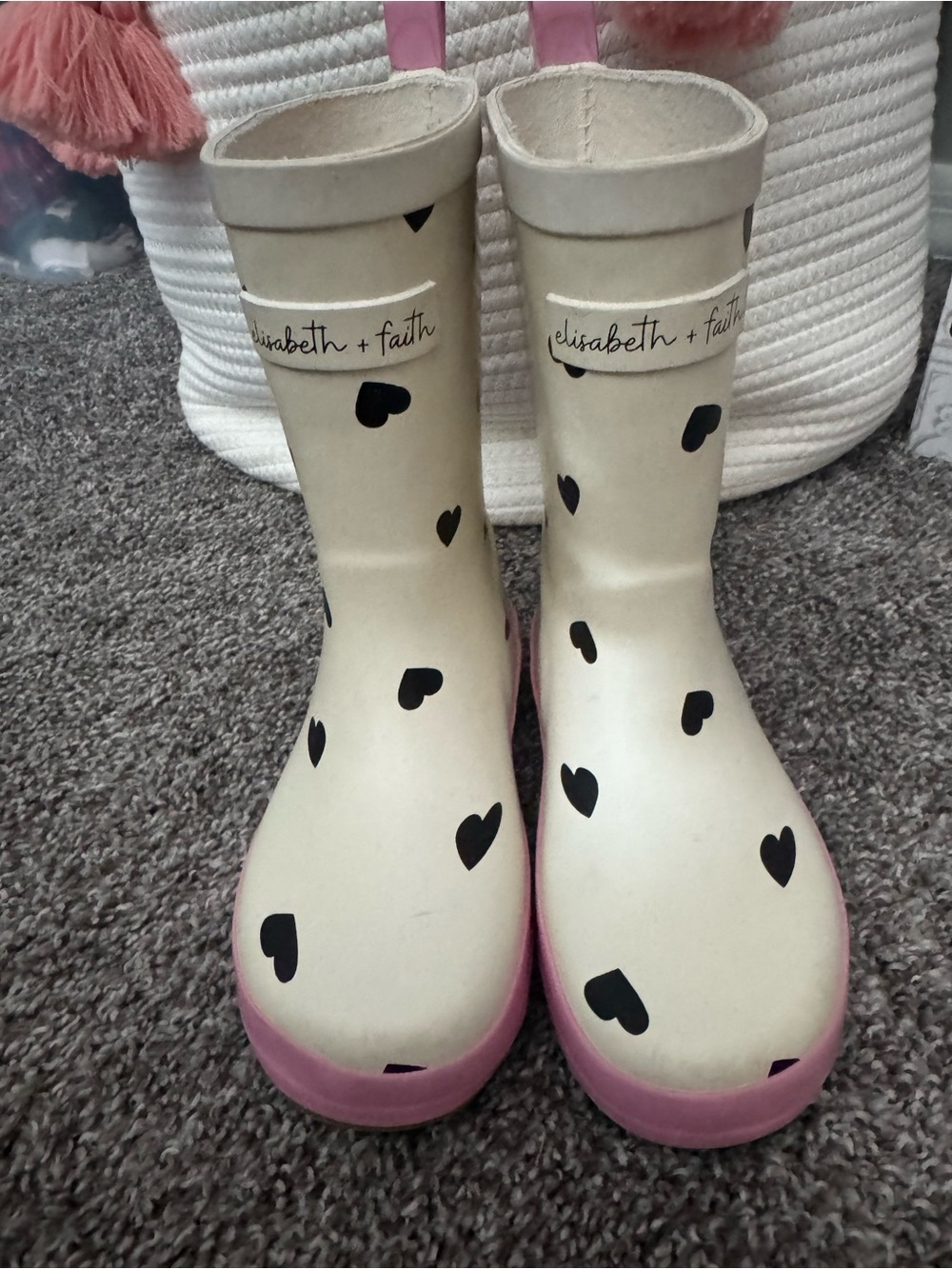 Kids Cream Heart Rain Boots with Pink Trim